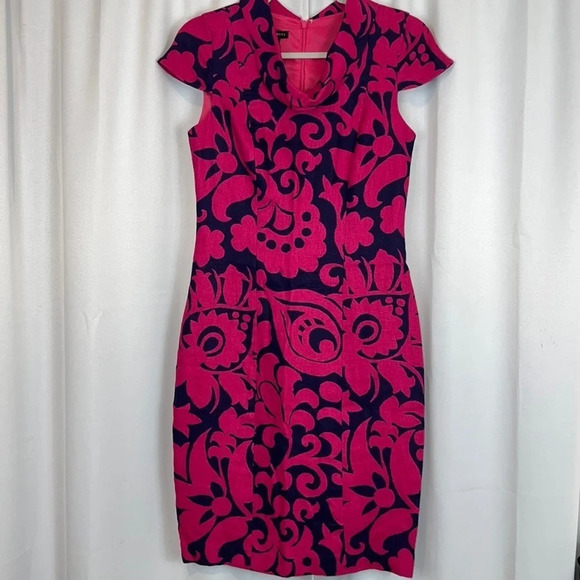 Talbots Pink & Navy Blue Floral Linen Capped Sleeve Dress Size 4 - Picture 1 of 5